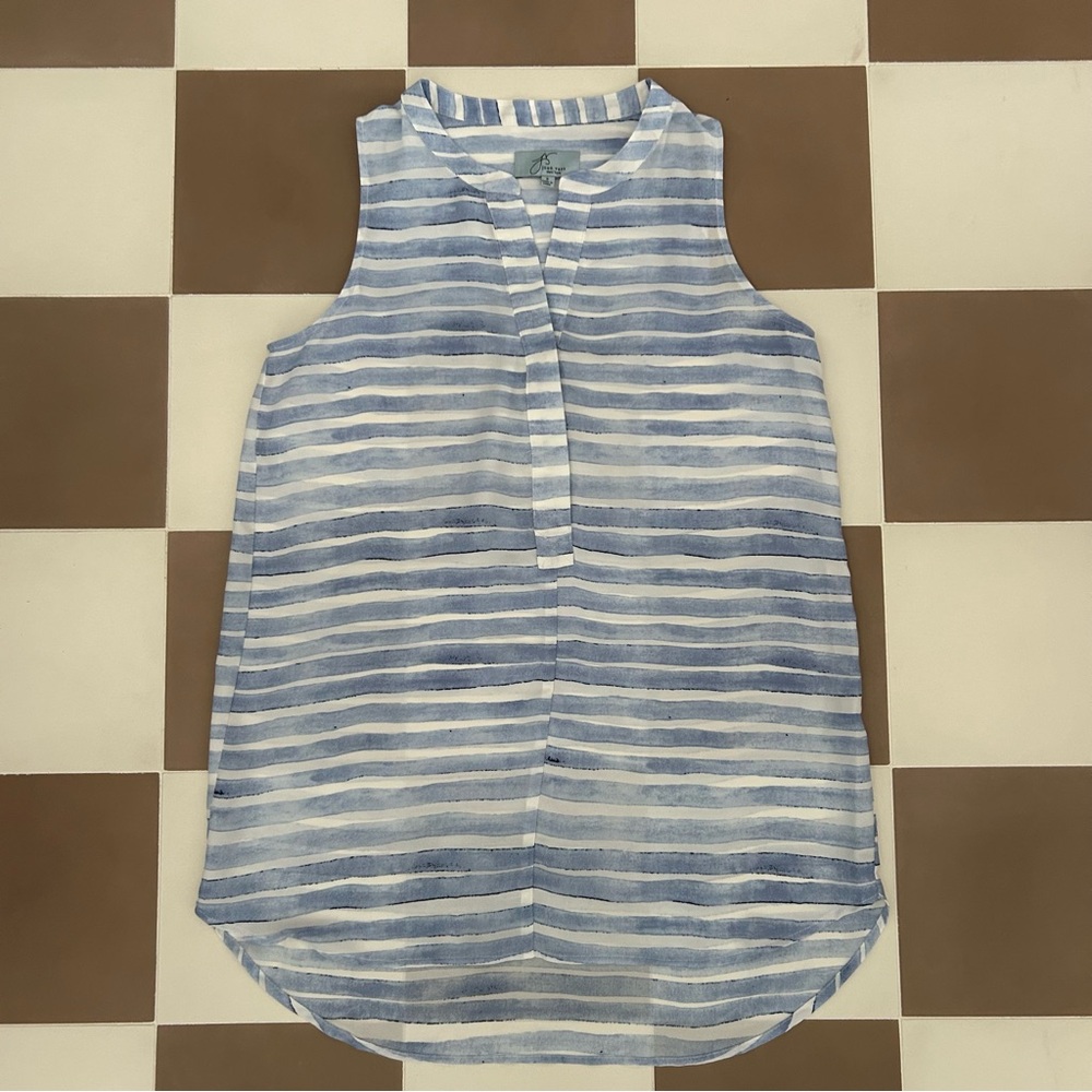Joan Vass New York Blue White Stripe Sleeveless Hi Lo Blouse Small